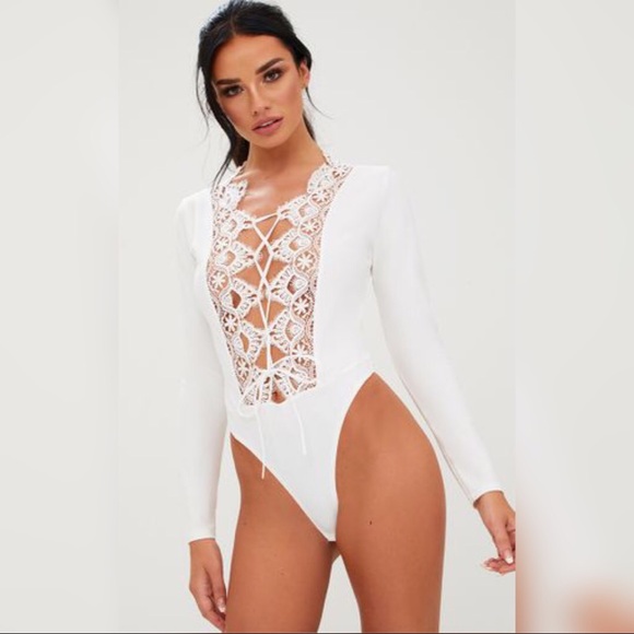 NWOT White Lace Up Longsleeve Thong Bodysuit - Picture 2 of 3